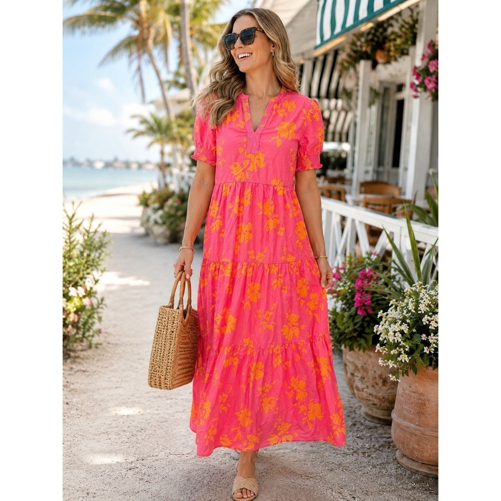 Southern Tide Dress M Pink Orange Floral‎ Tiered Midi Coastal Resort Cottagecore